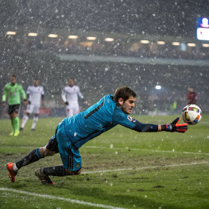 Iker Casillas, Real Madrid goalkeeper, diving for the ball on a rain-soaked pitch during a high-stakes match.