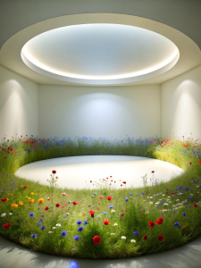 light empty cyclorama in which flowers, poppies, forget-me-nots and grass grow