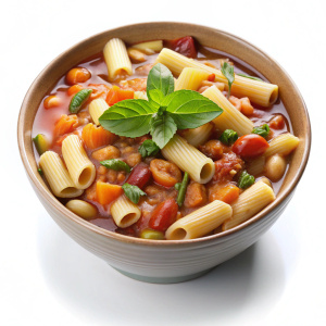 Rustic Italian pasta and bean soup on white background