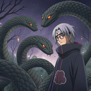 Kabuto, from Naruto Shippuden, surrounded by a myriad of snake-like creatures, twisting around him in intricate formations. Dark mystical background