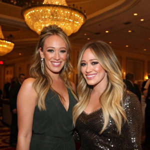 Haylie Duff and Hilary Duff, both smiling, at the Grammy Awards after-party. Luxurious interior design, chandeliers, and celebrities in the background.