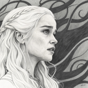 Pencil sketch of Emilia Clarke as Daenerys Targaryen. Her face and long white hair are prominently featured against a background of swirling dark lines.