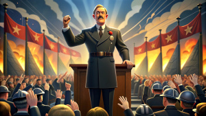 Create an animated, hyper-realistic scene set in the 1920s, showing German leaders resembling Adolf  but not him rising to power in their respective countries, with political rallies and iconic images associated with their leadership.