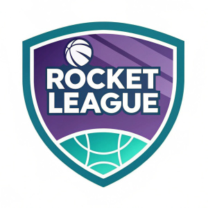 Digital illustration of Rocket League logo. Purple and teal colors. Modern, flat design. Clear text 'ROCKET LEAGUE'. Sporty and professional theme.