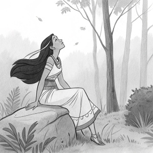 Pencil sketch of Pocahontas sitting on a rock in the forest, simple cartoon style, inspired by the animated film 'Pocahontas', black and white