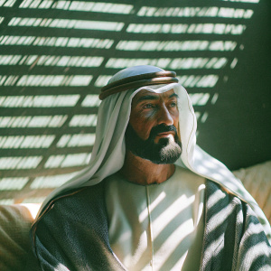 3D model of Sheikh Zayed. Wearing traditional white robes and head wrap. Detailed facial features, long beard. Lit from side, casting shadows on face, set against black backdrop