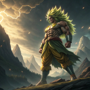 Broly, from Dragon Ball Z, in intense pose. High detail digital illustration. Dramatic mountain backdrop.