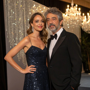 Florencia Bas and Ricardo Darin at a glitzy gala. Wearing glamorous evening wear, posing against a backdrop of sparkling chandeliers.