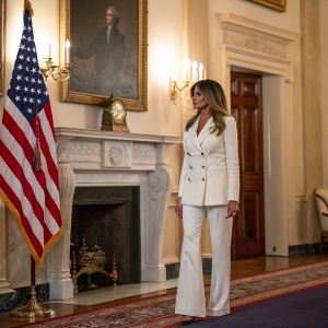 Melania Trump, dressed in a white pantsuit, stands in the West Wing. Ornate fireplace and American flag visible. Warm lighting, rich colors
