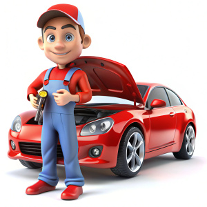 3d race car mechanic cartoon fine tuning a high performance car on white background
