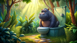 ein hippopothamus auf der toilette im dschungel