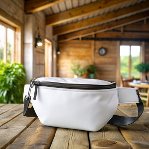 canvas white blank sublimination belt bag with black zip mockup, farmhouse enviroment