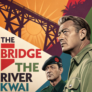 Film poster featuring Alec Guinness, William Holden, and Jack Hawkins in 'The Bridge On The River Kwai'. Colorful, vibrant imagery with modern graphic design elements.