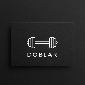 Design concept for DOBLAR logo. Features minimalist line-art barbell symbol. Clean, modern font 'DOBLAR' below. Monochromatic color scheme with high contrast.