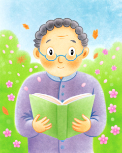 A middle-aged man with black hair wearing gray layman's clothes is reading a book seriously, his face is sideway