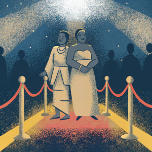 Thishiwe Ziqubu and Mandisa Nduna at the 13th SAFTAs gala. Dressed in traditional attire, posing on a vibrant red carpet under bright stage lights.