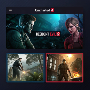 Homepage screenshot showcasing upcoming video games. Dark background, vibrant game covers of Uncharted 4 and Resident Evil 2 in grid layout. Prominent game titles and descriptions.