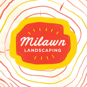 Milawn Landscaping logo design, featured on a rough wooden background, showcasing natural wood grain textures. The text 'Milawn Landscaping' is elegantly displayed.