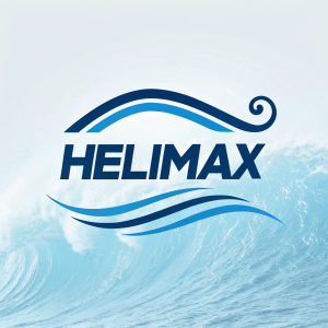 Modern logo for Helimax, featuring sleek blue waves and straightforward text. Logo centered, emphasizing speed and fluidity.