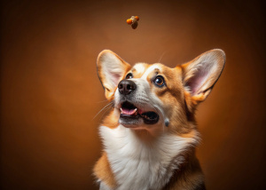 Собака породы корги открыла пасть, смотрит вверх, ловит летящий кусочек изолировано, коричневый фон