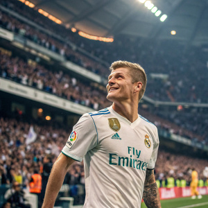 Toni Kroos, wearing Real Madrid jersey with number 8, posing confidently. Behind him, a packed soccer stadium filled with cheering fans and colorful banners.