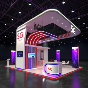 Interactive 3D model of SIC's 5G booth. Futuristic design with sleek white, purple, and red highlights. Booth is glowing under spotlight in a tech expo.