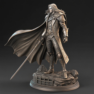 Digital 3D render of a statue featuring Alucard from Castlevania. Intricate details with a commanding stance. Metal finish with dramatic base and cape.