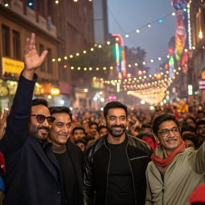 Aamir Khan, Ajay Devgn, Akshay Kumar, Salman Khan, Shah Rukh Khan, Kajol at the premiere of their latest film. Crowded street, vibrant decorations, enthusiastic fans.
