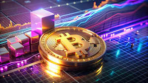 Realistic Bitcoin thumbnail: Shiny gold & purple Bitcoin with circuit board background. Tiny glowing blockchain block in front. Bold white "Bitcoin" text. Consider lens flare & price trend graph. High quality, eye-catching for small size.