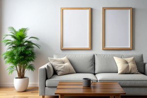 Frame mockup, ISO A paper size. Living room wall poster mockup. Interior mockup with house background. Modern interior design