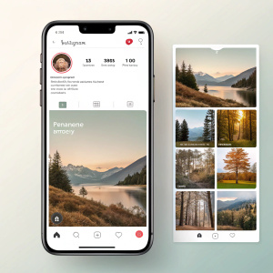 Modern app design for Adobe Photoshop's Instagram feed integration. Clean grid layout showcasing natural colors. User-friendly interface for seamless mobile or tablet experience.