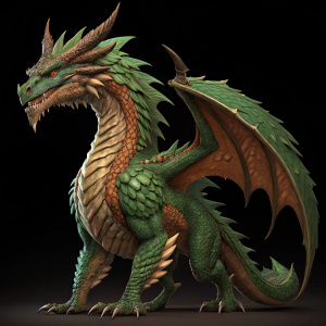 Digital illustration featuring a green and brown dragon-like creature from Dota 2. Fierce and mythical look, dynamic pose with detailed body. Black background, highlighting the creature's intricate textures.