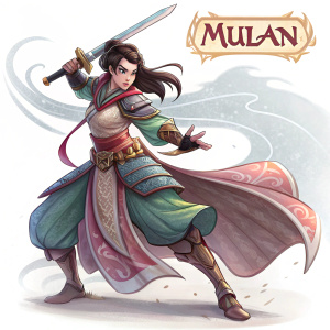 Digital illustration of Mulan from Smite game. Dynamic action pose. Traditional Chinese and modern art fusion. Detailed textures and vibrant colors. White background with speech bubble