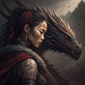 Digital fantasy artwork. Asian woman, fierce expression, with tribal tattoos, embracing a menacing dragon-like creature. Dark and shadowy background, with brown, gray, and red hues.
