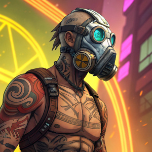 Box art for Borderlands 2 showcasing a warrior character with a sleek, modern gas mask and elaborate tribal tattoos. Bright, neon colors backdrop
