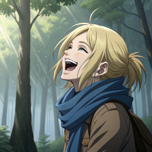 Himiko, from anime, smiling widely, blonde hair disheveled, wearing a blue scarf. Set against a serene, forest backdrop.