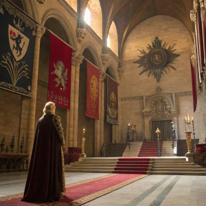 Long shot of Rhaegar Targaryen in the Great Hall. Cersei Lannister and Tywin Lannister also present. Stark and Lannister banners displayed.