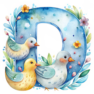 letter "D" containing cute ducks, watercolor, Sublimation Design, Clipart, 3D render, White background for removing background --no text shadow font watermark