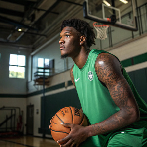 Robert Williams, star player of the Boston Celtics, poses in the gym. Wearing a green jersey, holding a basketball. Tattoos visible on his arms