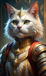 white cat in knight's armor, anime style