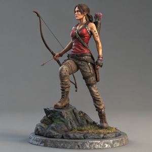 3D digital sculpture of Lara Croft, Tomb Raider character. Bow in hand, determined face. Complex base with varied textures. Red and brown tones. Neutral grey background