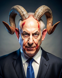 Benjamin Netanyahu with bloody face and ram horns