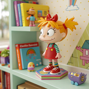Angelica Pickles action figure from Rugrats, displayed on a bright, themed shelf. Surrounded by other toys and books