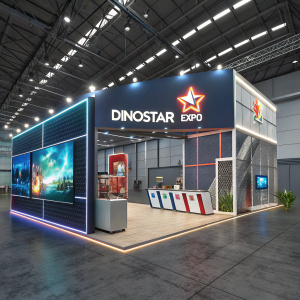 Dinostar Expo booth, modern and vibrant. Futuristic panels and displays. Logo prominent. Industrial setting with high ceiling and bright lights.