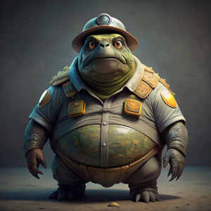 crea una tortuga gorda y sucia con uniforme de guardia