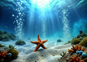 The bottom of the sea In the background is the bottom of the sea with sea stars, corals in front of air bubbles