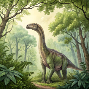 Digital rendering of Pakisaurus, a gentle herbivore dinosaur from ancient Pakistan. Lush green forest setting with detailed foliage.