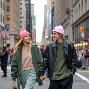 Hailey Bieber and Justin Bieber walking hand in hand on a busy New York street, pink beanie and casual attire, surrounded by bustling crowd.