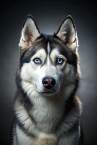 Studio portrait of a majestic Siberian Husky, piercing blue eyes, alert expression, photorealistic, detailed fur, soft studio lighting