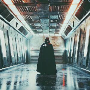 Darth Vader standing alone in a vast, dimly lit space station hallway. Futuristic architecture with sleek, metallic walls and overhead neon lights casting eerie shadows.